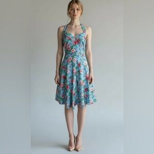 Hot Topic Halter Dress Tiki Floral Print Rockabilly Pinup Dress‎ Small